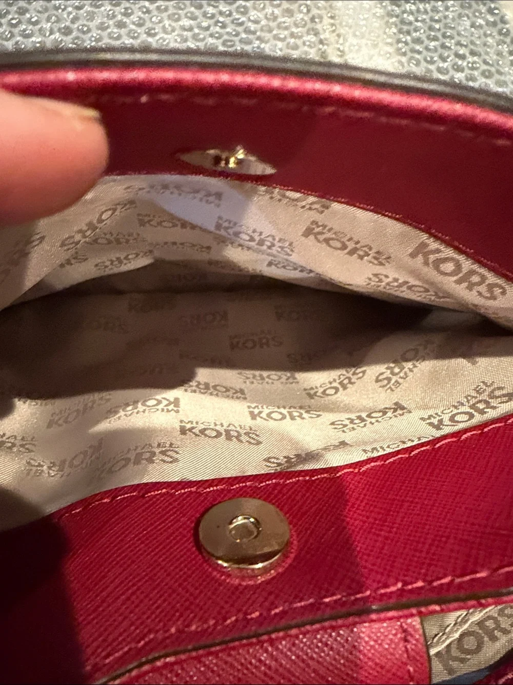 Michael Kors Brown & Red Logo Satchel with Gold Hardware
